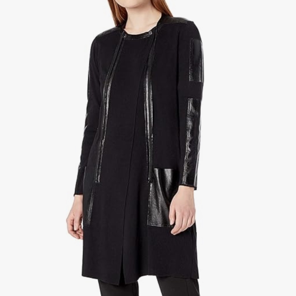 Nic + Zoe Faux Leather Trim Mixed Media Cardigan